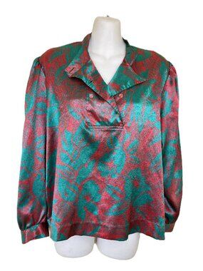 Lucienne Paris Satin Blouse Button Neck Shirt Top Green/Red Floral Vintage 80s